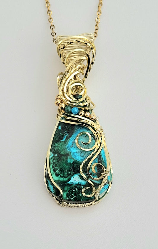 Pendentif malachite/chrysocolle sur fils doré à l'or fin